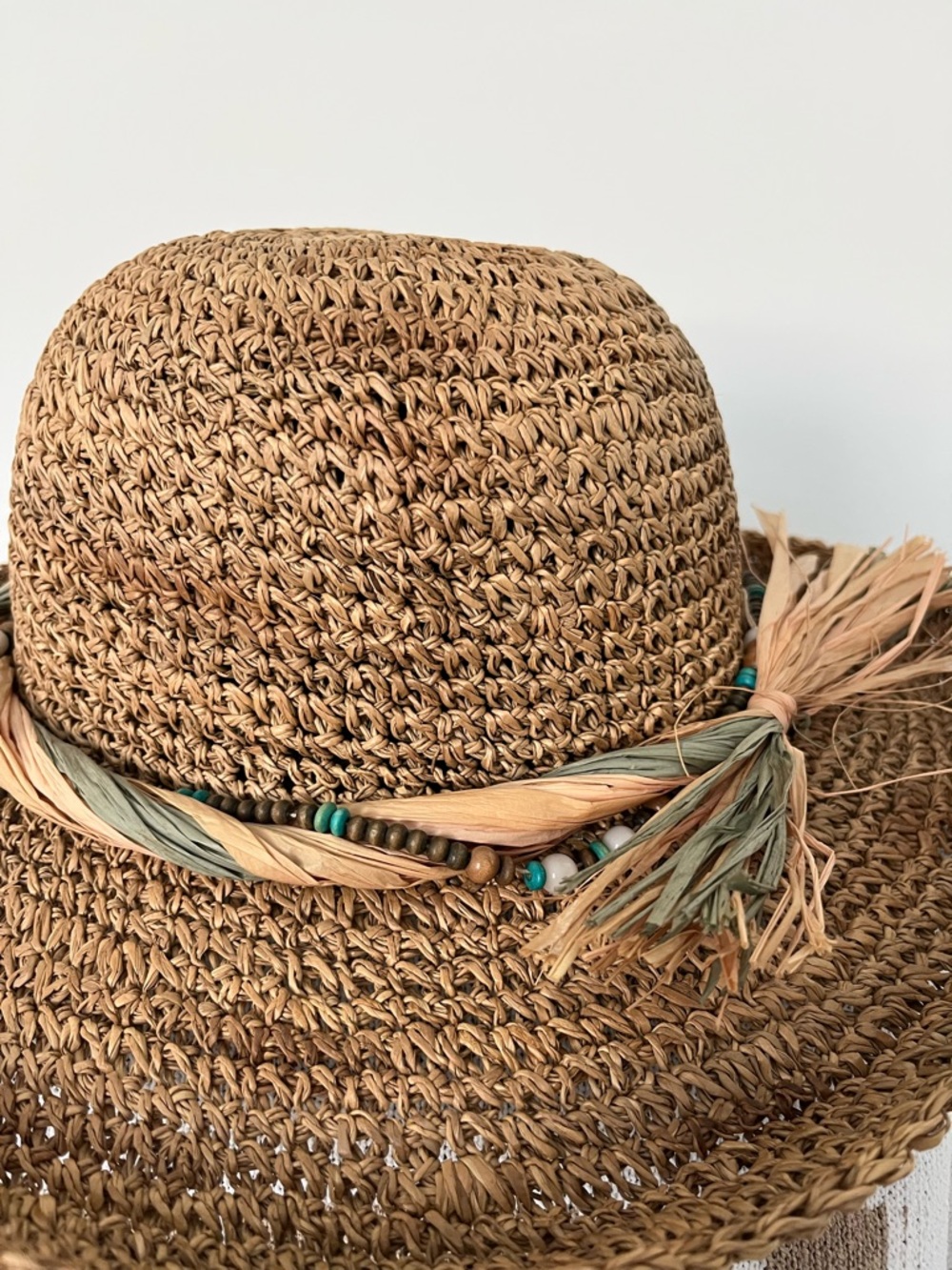 Wide Brim Straw Sun Hat | Boho Beaded Band | Beach Vacation Resort Wear - Picture 3 of 4